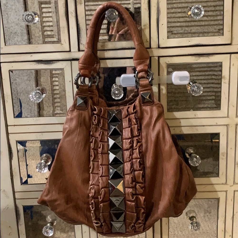 Betsey Johnson Leather Ruffle Stud Hobo Bag